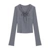 Women's Winter Chic Slim Fit V-Neck Gray Lace Tie-Up Cropped Top