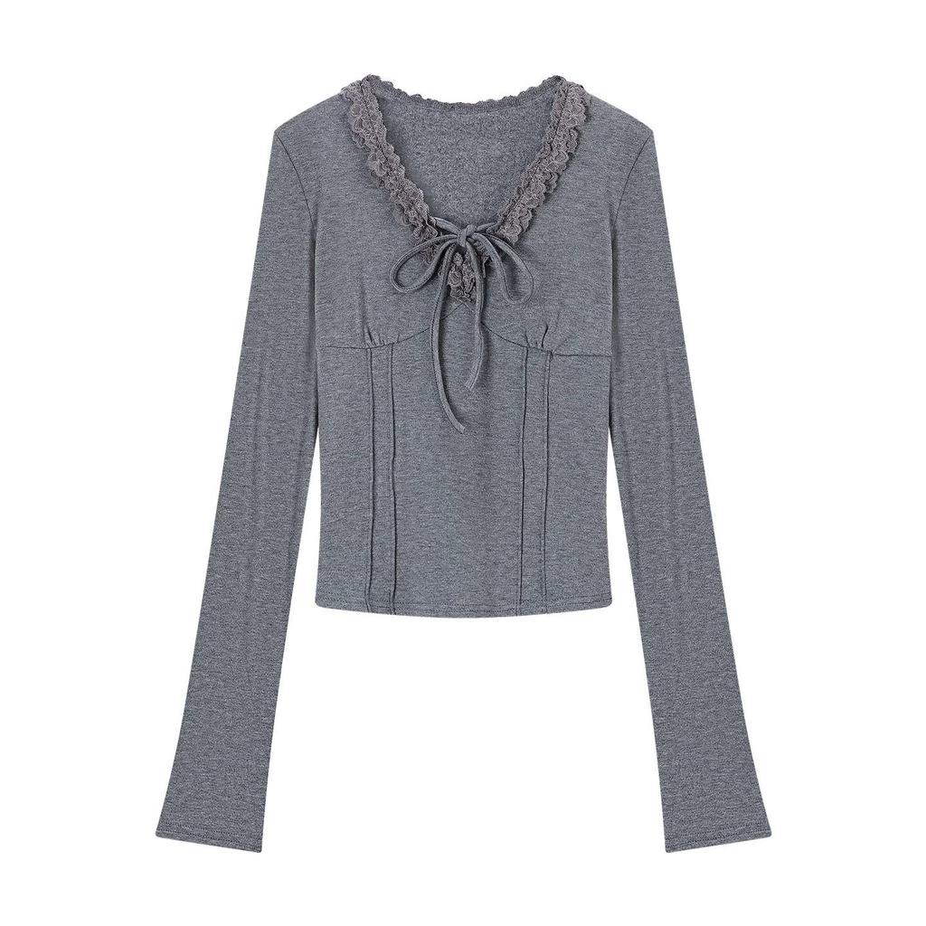 Women's Winter Chic Slim Fit V-Neck Gray Lace Tie-Up Cropped Top