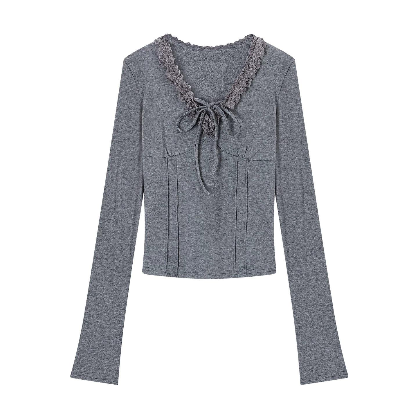 Women s Winter Chic Slim Fit V-Neck Gray Lace Tie-Up Cropped Top Large серый