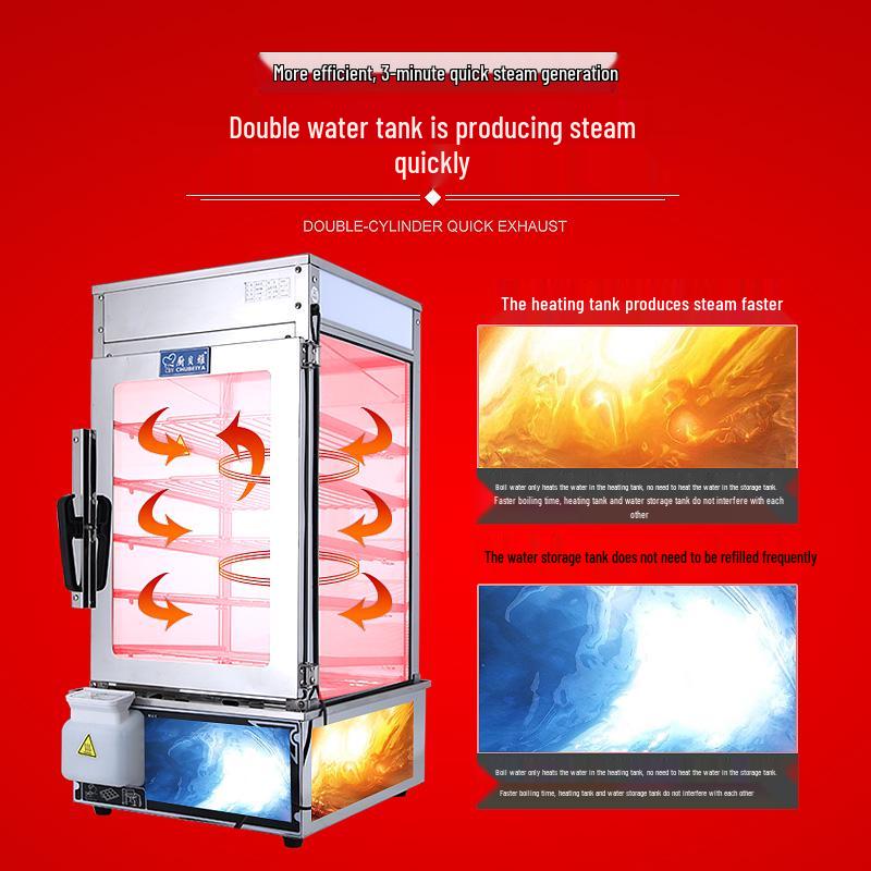 Commercial Automatic Baozi & Mantou Steamer with Insulated Glass Cabinet