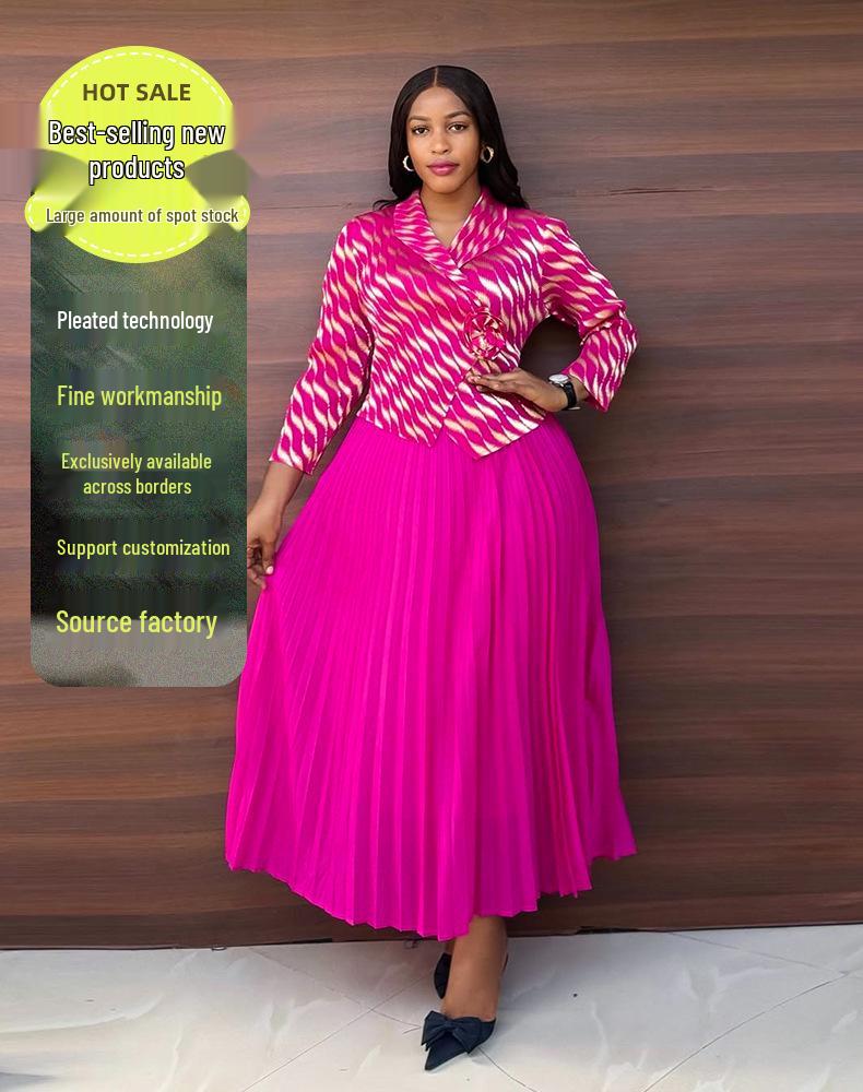 Plus Size Women's High-End Gold Foil Print Pleated Dress with Faux Two-Piece Long Skirt - Casual Style