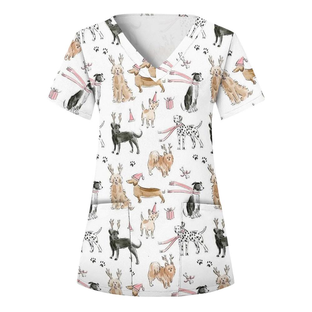 Zdravotní uniforma Dámské topy Tričko s výstřihem do V Kočka Psík Kreslený topy s potiskem Uniforma Uniforma s krátkým rukávem Kapsy Zdravotní Dámská Uniforma Sestra