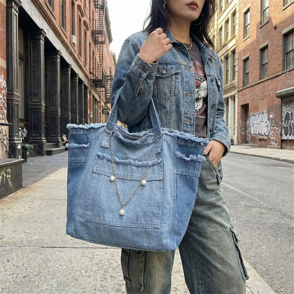 Korean Style Canvas Tote Bag Retro Handbag Fashion Denim Shoulder Bag  Outdoor
