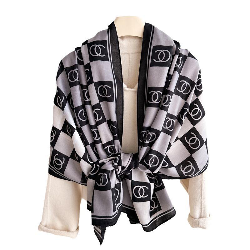 New gradual change plaid lengthened printed silk scarf scarf scarf neck cotton and linen sunscreen shawl versatile autumn and winter headscarf women