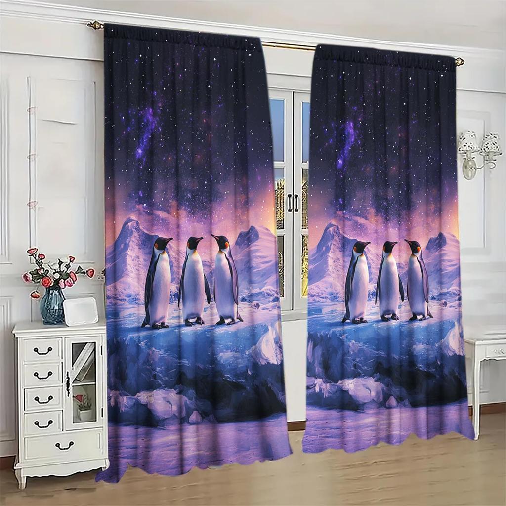 Modern Galaxy Starry Night Penguin Curtains Drapes Aesthetic Celestial Living Room Window Panel Polyester Fabric Decoration