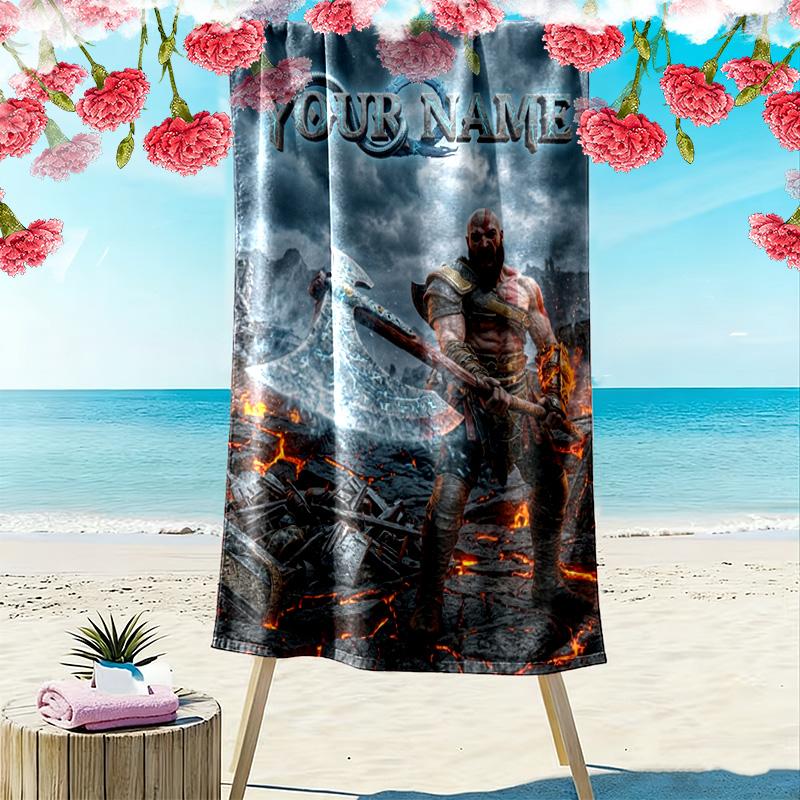 Name Custom Kratos God of War Print Beach Towel, Large Soft Quick Dry Towel for Beach Camping Swimming