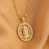 Oval round plaque inlaid with zircon religious pendant for women's party stainless steel Virgin Mary jewelry gift necklace
