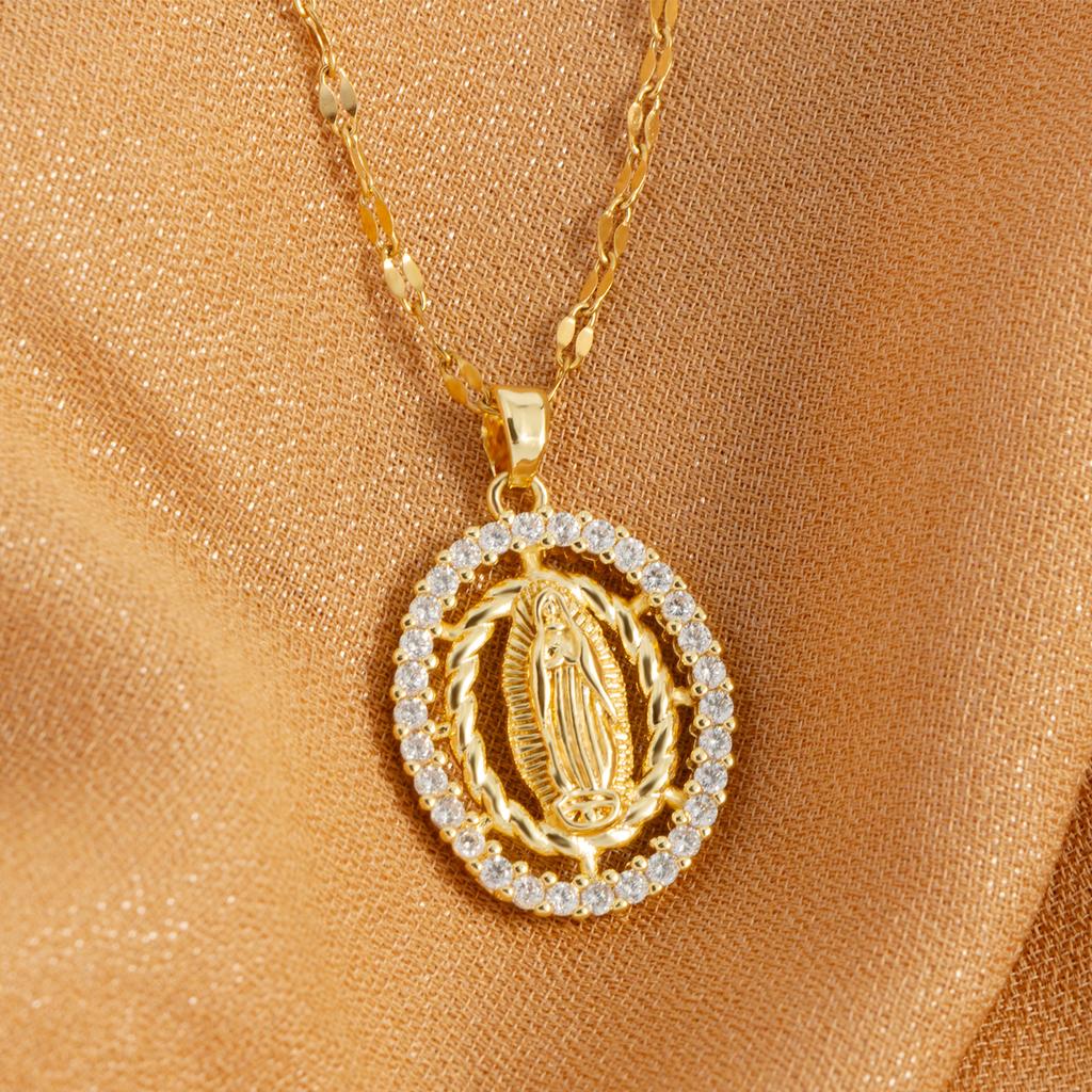 Oval round plaque inlaid with zircon religious pendant for women's party stainless steel Virgin Mary jewelry gift necklace