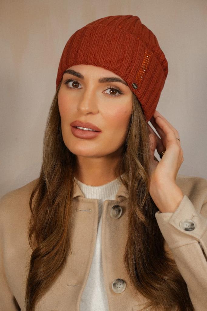 Nila Elegant Woolen Ribbed Cap Decorated with Zircons, Ginger Color