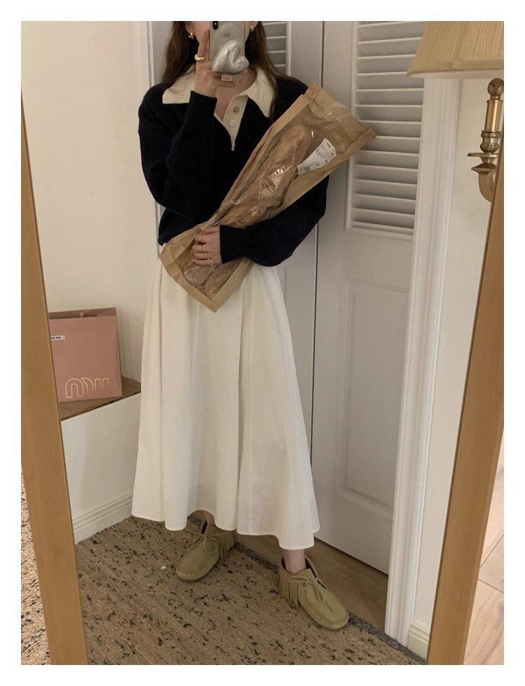 Korean Style Casual Slimming Long Sleeve Color Block Polo Collar Knit Sweater for Women