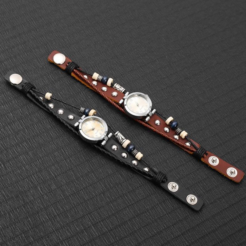 Vintage Leather Mens Wristwatch Punk Style Quartz Watch With Pull-Through Buckle Black Brown