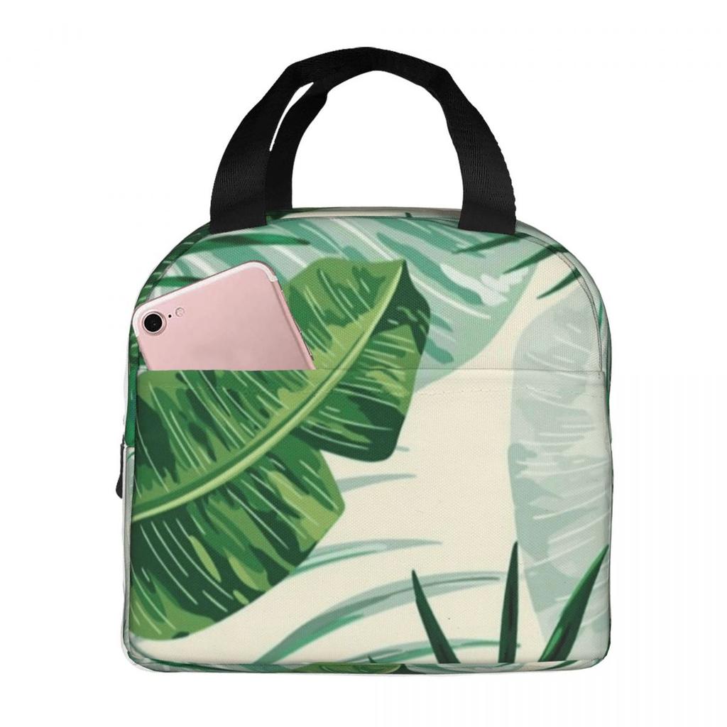 Green Tropical Leaf Print Insulated Lunch Bag for Kids School Cooler Thermal Food Box Tote Portable Lunch Boxes Container