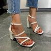 FashionSummer Ladies White High Heel Sandals Simple Sandals Square Toe Open Toe Straps Women Sandals Womens Shoes