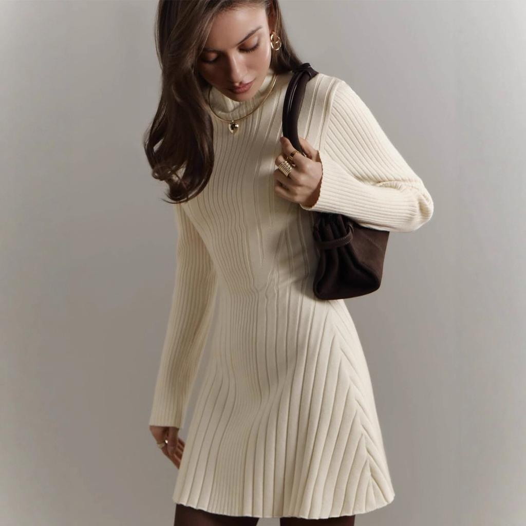 Ribbed High Neck Brown Knit Bodycon Mini Dress