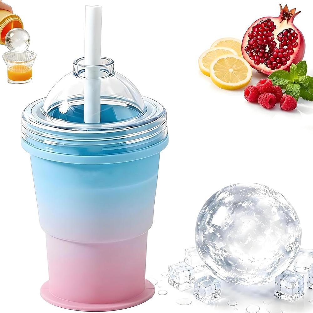 2-in-1 Collapsible Silicone Ice Ball Maker Cup, Reusable Portable Ice Sphere Mold with Straw & Lid, Easy Demolding, Leakproof