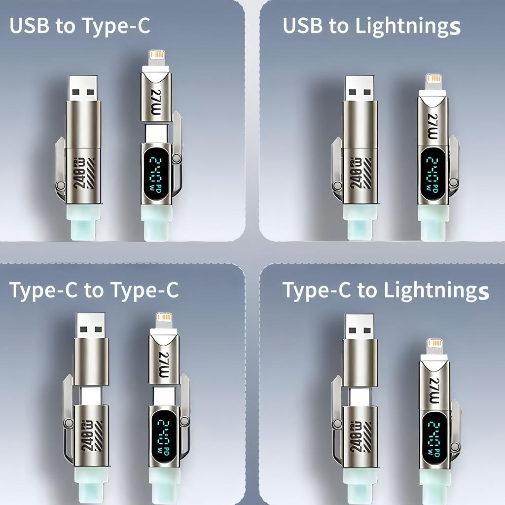 4 In 1 Digital Display Super Fast Charging Cable Intelligent Digital Display Short Wire for Iphone17 Samsung Android Devices