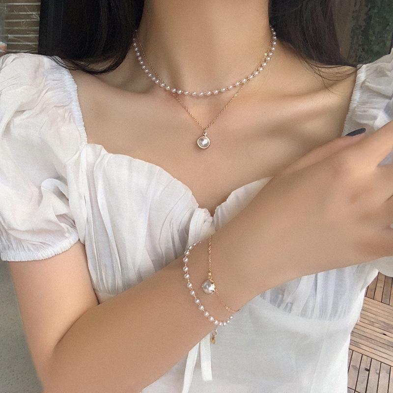 Sweet Simple Pearl Chain Fashion Collarbone Chain Neck Chain Female, Silver Gold Double Pendant Necklace