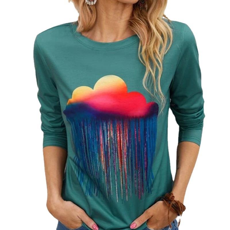 Градиентный принт одуванчика женский широкий круглый вырез с длинными рукавами осенние — фото 5