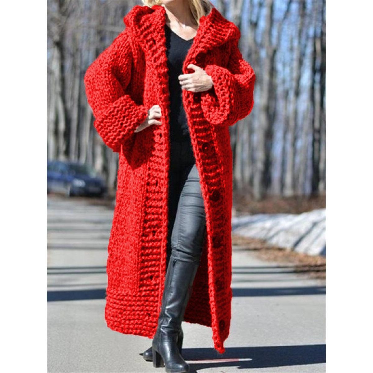 Dames Grof Gebreide Lange Cardigan met Capuchon Oversized Losse Trui Jas Winter Buitenkleding XXXL rood