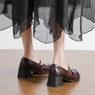 Retro Thick Heel Mary Jane Women's Shoes One-word Buckle with Round Head Loafers High Heel Light Mouth French Camellia Small Leather Shoes