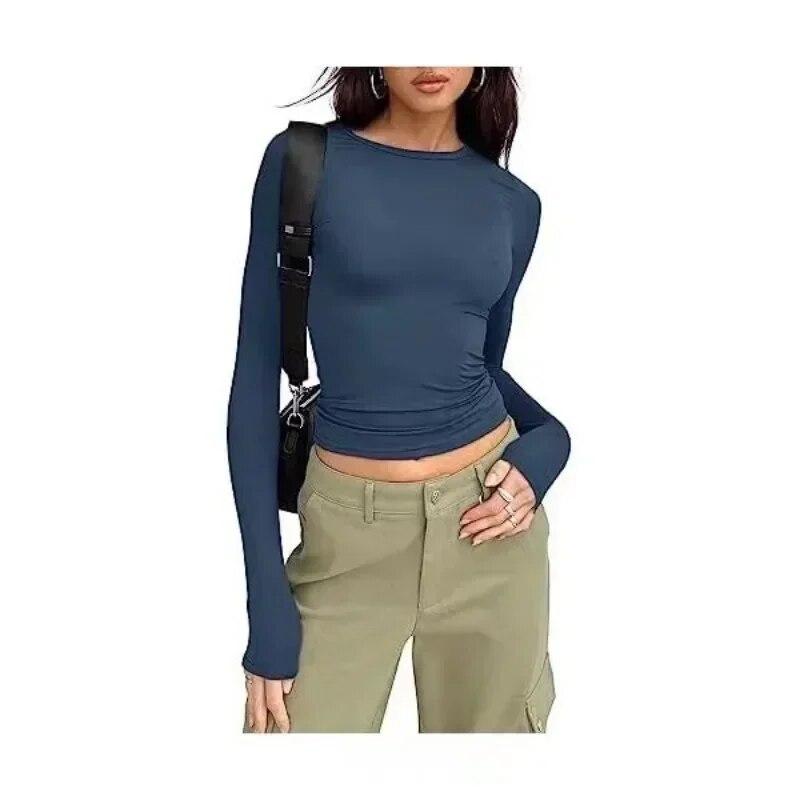 Mode Oansatz Tees Streetwear Tops Frauen Einfarbig Slim Fit Einfache T-shirts Frühling Herbst Casua Langarm T-shirts 30423