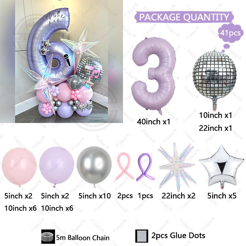 41pcs 4D Disco Balloon Cream Purple Number Birthday Balloon Set Music Enthusiasts Birthday Balloon Festive Party Decoration