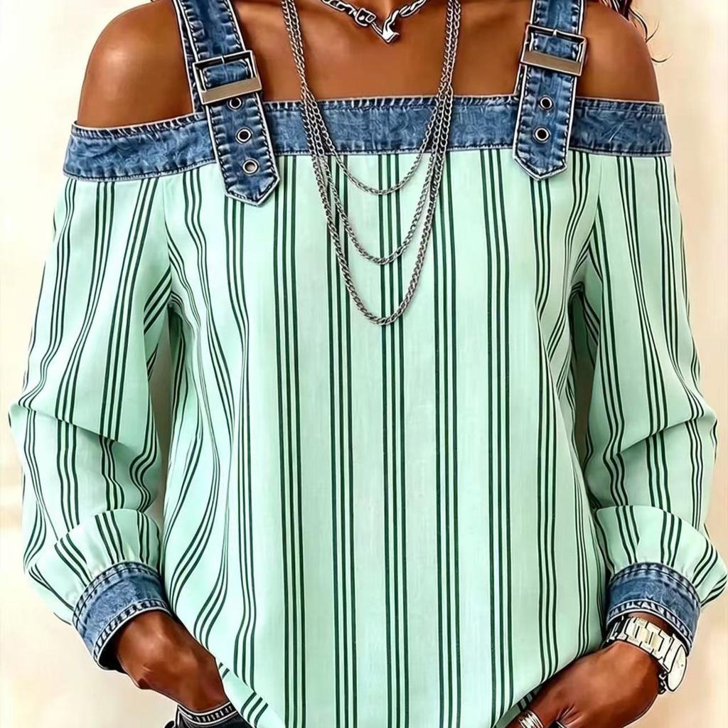1116 New denim spliced off-shoulder top, adjustable suspender striped long-sleeved loose casual shirt