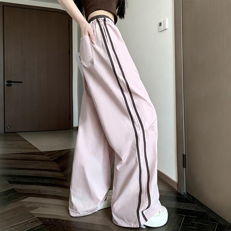 Womens High-Waisted Wide-Leg Striped Quick-Dry Cargo Pants Cotton Nylon Blend Lightweight
