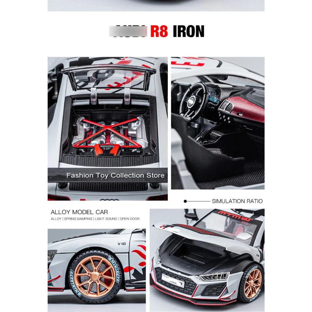 Model auta R8 z hliníkové slitiny v měřítku 1/24, vysoce simulační odlitky, hračka se zvukem a světlem, natahovací vozidla, dekorační hračka pro děti, dárek