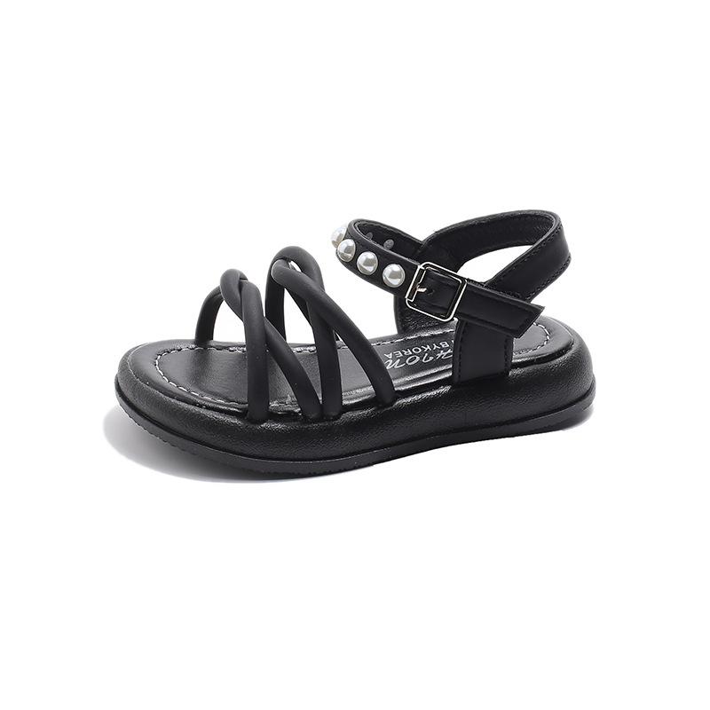 Kids Fashion Pearl Decor Twist Strap Buckle Flat Summer Sandals 26 чёрный