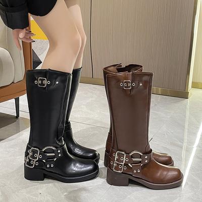 2025 Neue Winter-Denim-Stiefel Damen Retro Punk Braune Gürtelschnalle Runde Spitze Hohe Stiefel Ritterstiefel Knielange Stiefel