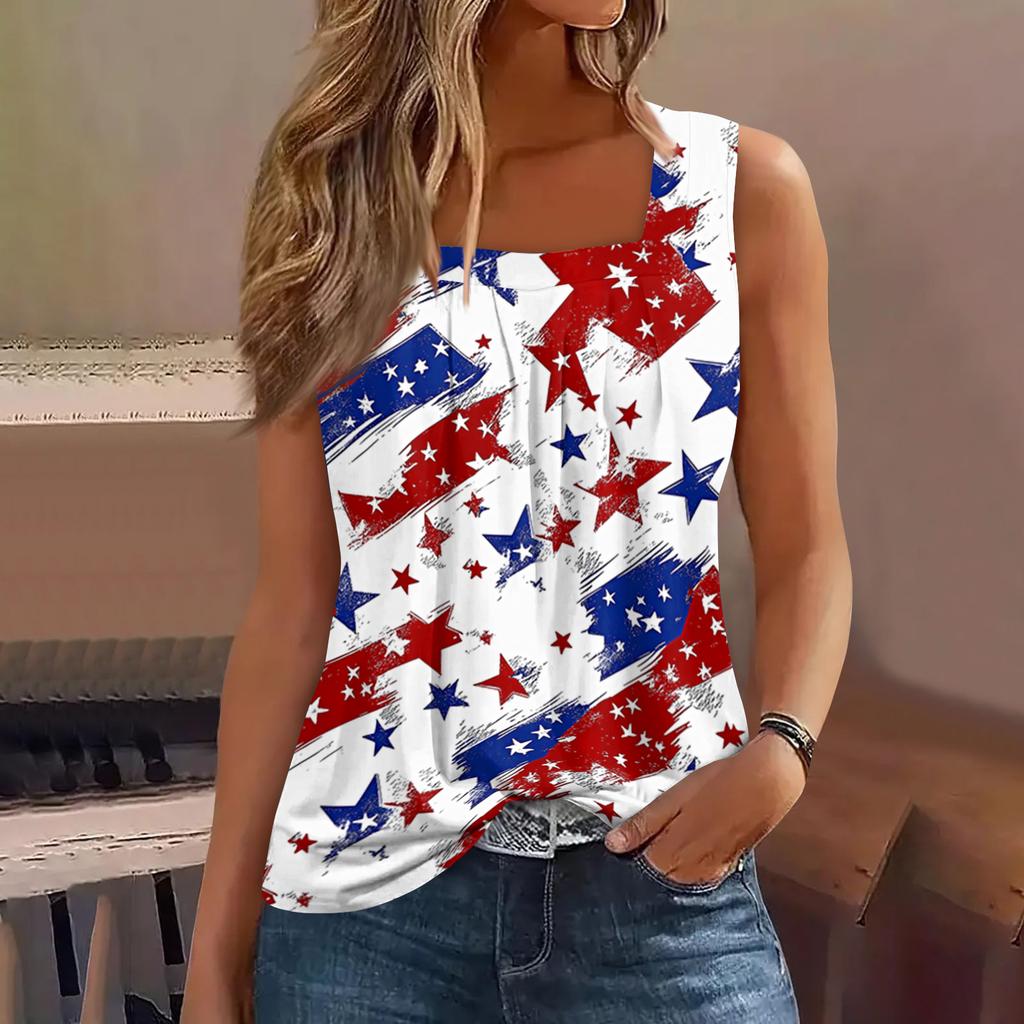 Square Collar Tank Top Women Print Tank Tee Casual Loose Fit Sleeveless Shirt