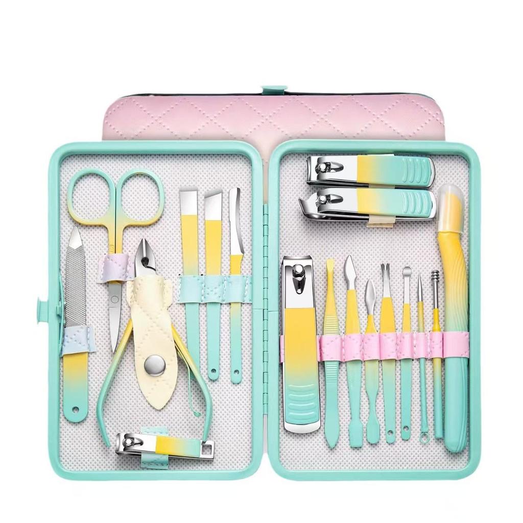 Gradient Color 18-Piece Stainless Steel Nail Clipper and Pedicure Set with Eyebrow Trimming Scissors