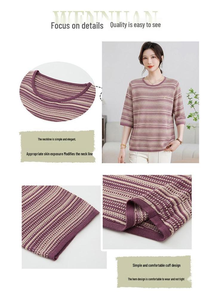 Plus Size Striped Round Neck Maternity T-Shirt for Middle-Aged and Elderly Women - Simple, Comfortable, and Versatile for Commuting.