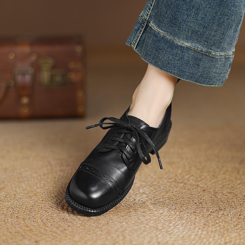 Fashion Genuine Leather Women Oxford Shoes Spring 2025 New Thick Heels Shoes Classic Lace-Up Vintage Office Dress High Heels Women Pumps
