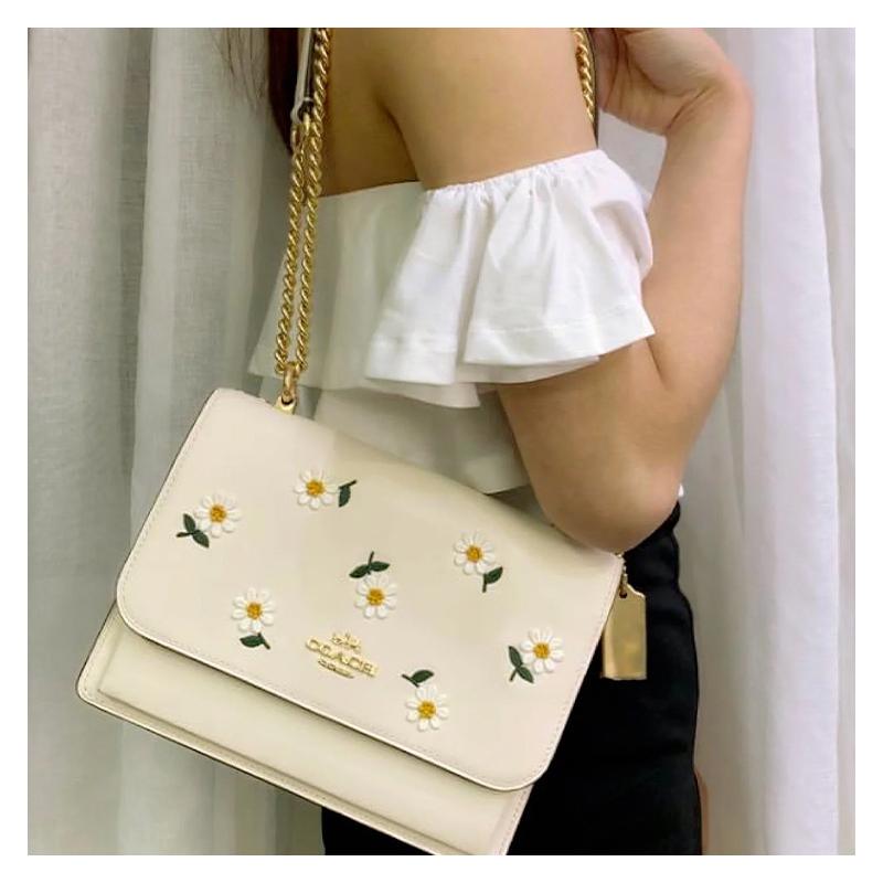 COACH Klare 21 Printed Flap Chain Daisy Flower Embroidery Leather Accordion Bag Shoulder Crossbody Bag Small Women's White