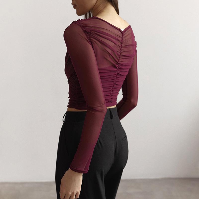 Y24TP472 T-shirt Sexy da Donna in Rete Pieghettata a Manica Lunga - Colore Unito, Moda Autunnale Europea e Americana