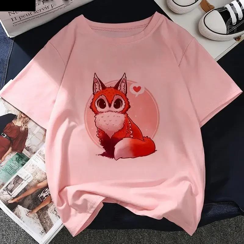 Kawaii Fox Print Ladies Tshirt Ladies Casual Basis Ocollar White T Shirt Short Sleeve Ladies Tshirt Cute Animal Graphics Tops