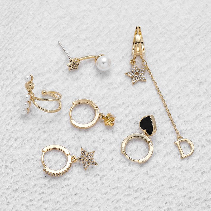 ANENJERY Cyrkon Gwiazda Serce Perła Chwost Litera D Kolczyki Koła Dla Kobiet Osobisty 6-częściowy Zestaw Kolczyków