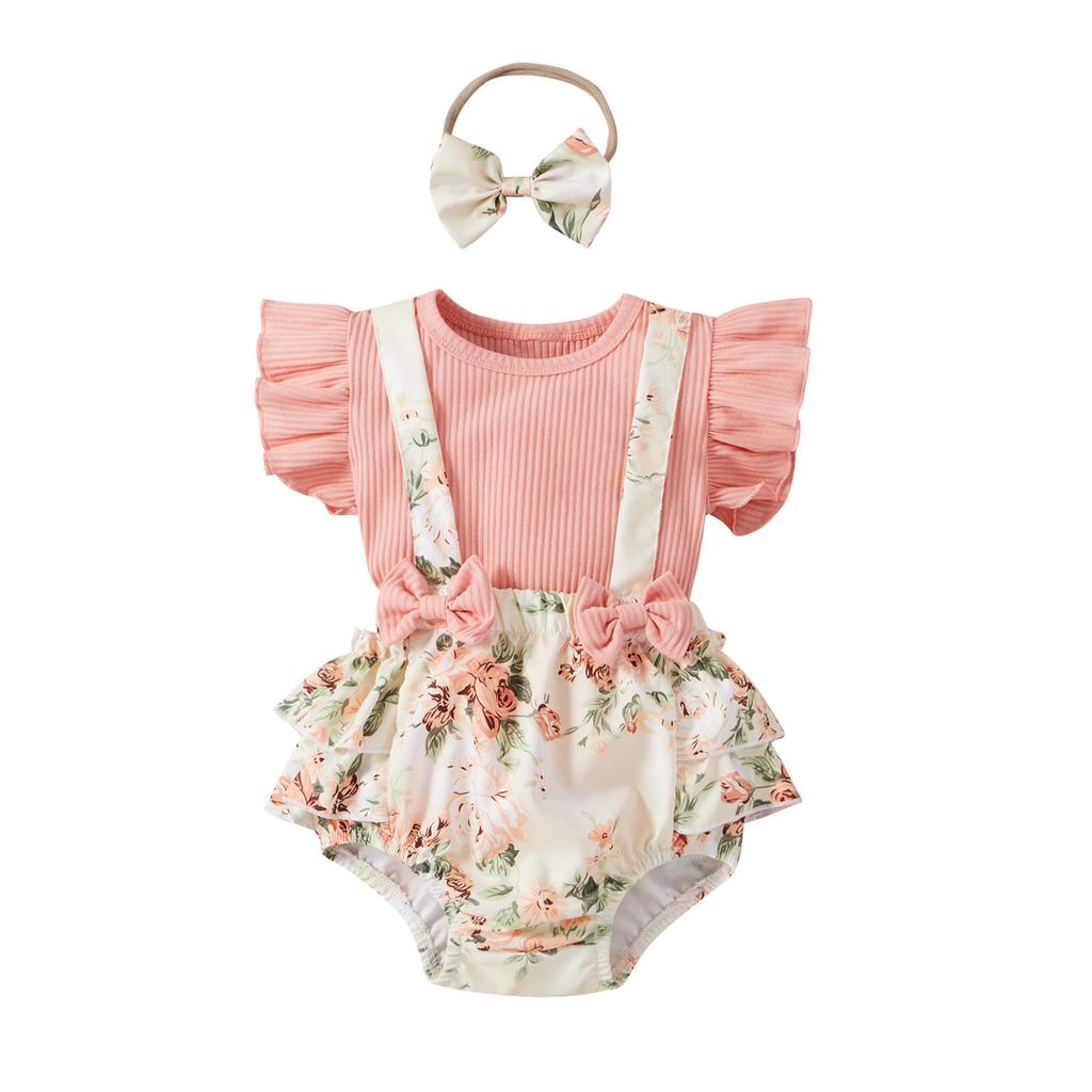 Toddler Baby Girls Solid Tops+Sunflower Floral Printed Suspender Shorts Outfits