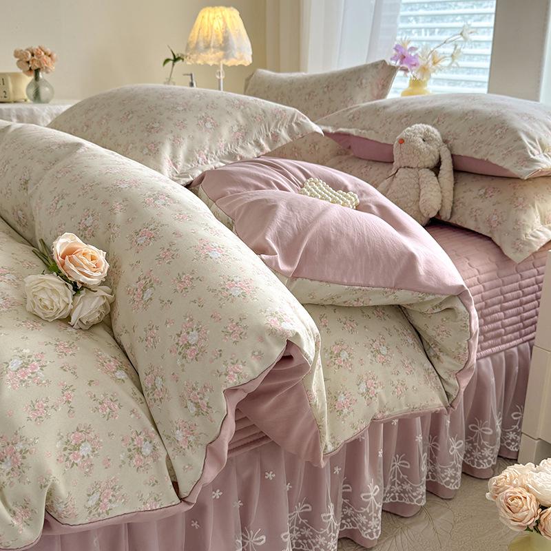 

Четырехпредметный стеганый комплект постельного белья из чистого хлопка из двойной пряжи Простыня Пододеяльник Одеяло Покрывало на кровать Приятное к коже постельное белье 2.0m four-piece set