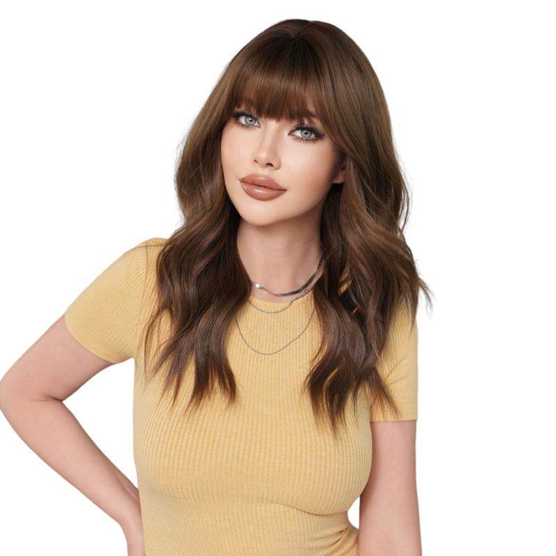 Women Synthetic Wavy Golden Brown Wigs with Bangs Natural Fluffy Hair Daily Party Costume Heat Resistant Fibre