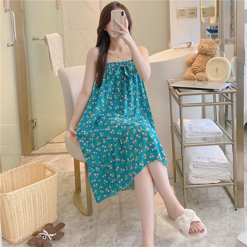 Cotton Nightdress Women'S Summer Thin Pajamasspring And Autumn Cotton Korean Cute Casual Print Dress Loungewear
