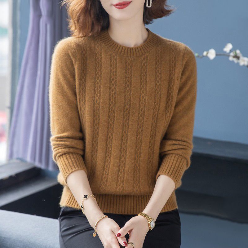 

Женский осенне-зимний свитер с круглым вырезом и длинными рукавами, однотонный базовый свитер, маленькая рубашка в стиле вестерн, модный универсальный топ 3XL коричневый