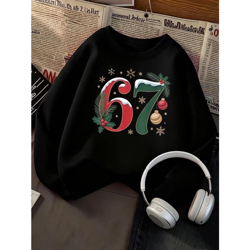 Unisex Kids Sweatshirt, Christmas Snow Holly Bauble Number 67 Print Pullover, Boys Girls Holiday Birthday Sweatshirt For Kids Over 4 Years Old