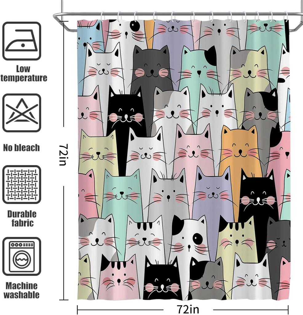 Cat Shower Curtain,Cute Colorful Cat Shower Curtains for Bathroom,Trendy Funny for Adults Cat Shower Curtain Anime Waterproof