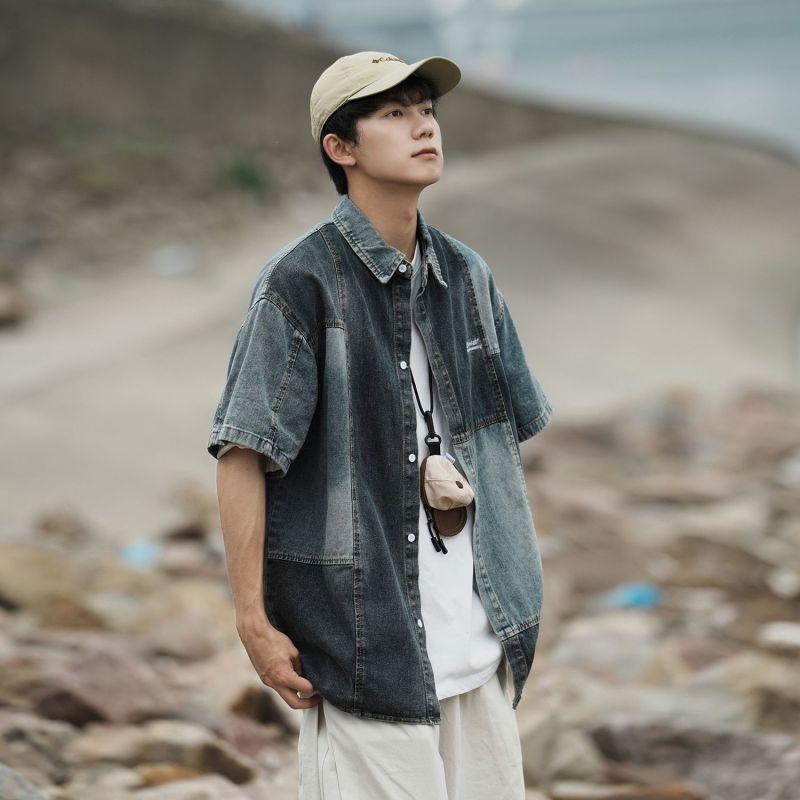 American Summer Profile Splicing Denim Vest Men's Short-sleeved Shirt Niche Men and Women Teenagers Couple Jacket