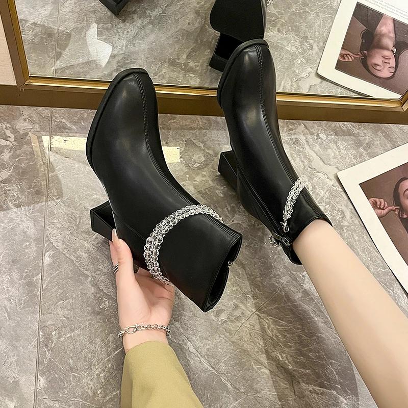 White Booties Women Block Heel Square Toe Beige Skinny Boots New Fall French Ankle Boots High Heel