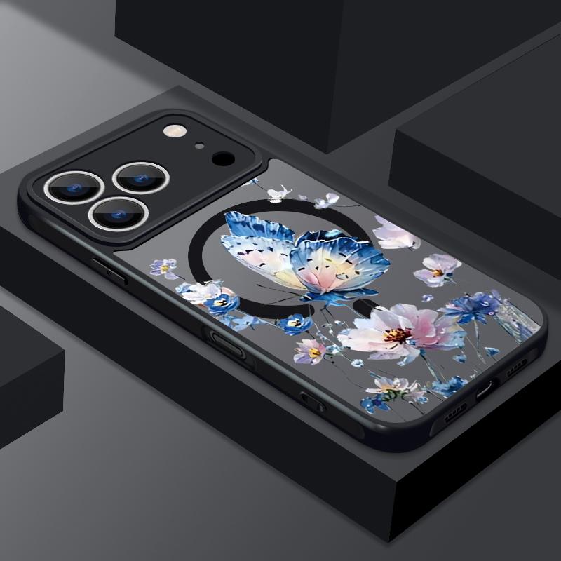Creative Butterfly Flowers Pattern Case For iPhone 17 Pro Max Funda iPhone 16 15 14 13 Pro Max Rugged Bumper Magnetic For Magsafe Shockproof Cover
