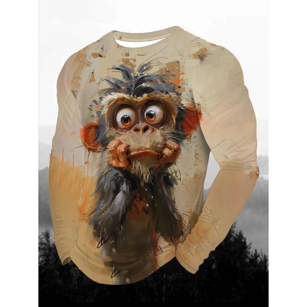 Funny Animal Design Retro Men 3D Printing Street Casual Daily Gray Long Sleeved Round Neck Shirt Spring And Autumn Clothing